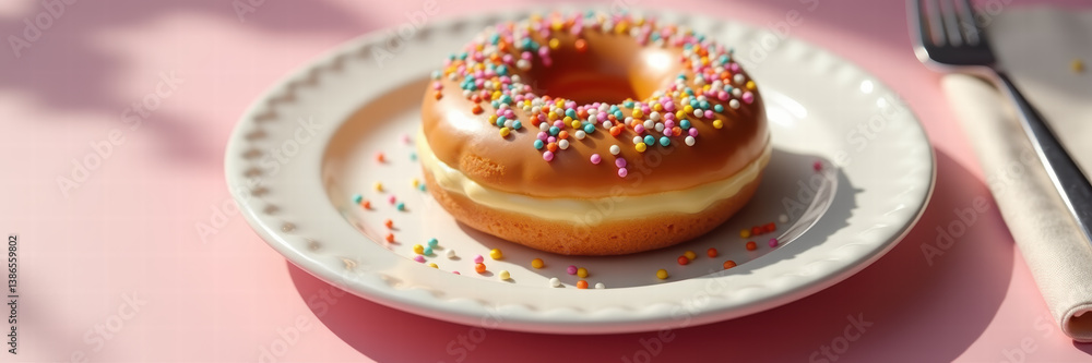 A delicious donut with sprinkles on a plate, perfect for food blogs, menus, or marketing materials aimed at dessert lovers. A delicious donut with sprinkles on a plate, perfect for food blogs, menus, or marketing materials aimed at dessert lovers.