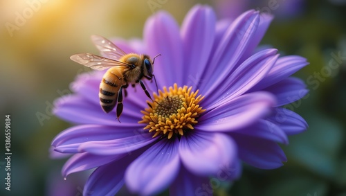 A close-up of a bee pollinating a vibrant purple flower during golden hour, capturing the beauty of nature and biodiversity.