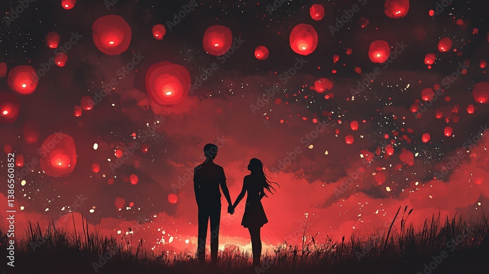 Obraz premium Couple holding hands under red lanterns, night sky, romantic field