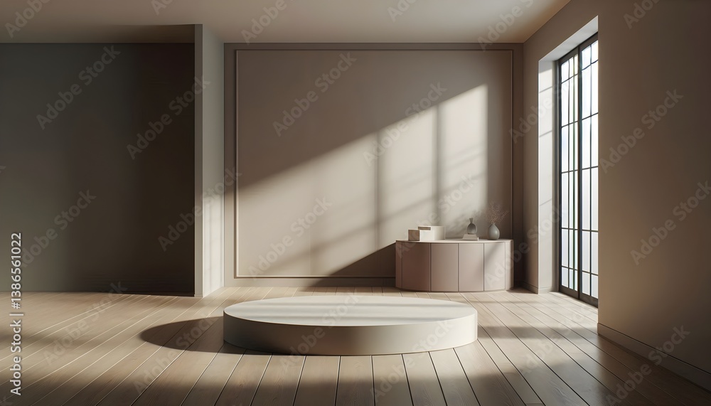 Fototapeta premium Minimal 3D render of circular platform in softly lit studio with elegant wood flooring