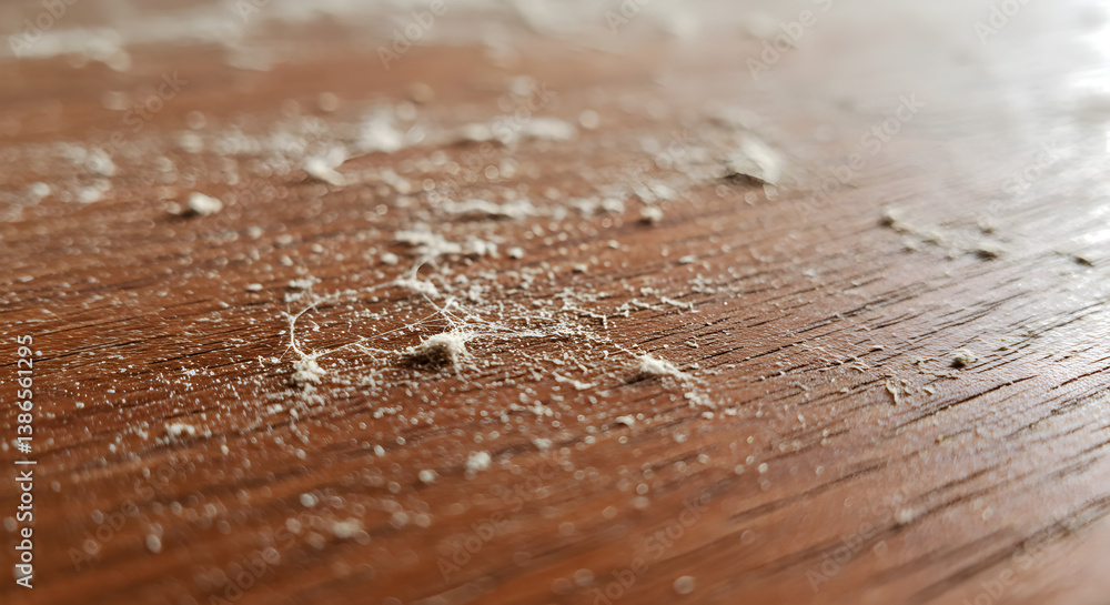 Close Up of Dust Particles on Brown Wooden Table Surface in Natural Lighting Close Up of Dust Particles on Brown Wooden Table Surface in Natural Lighting