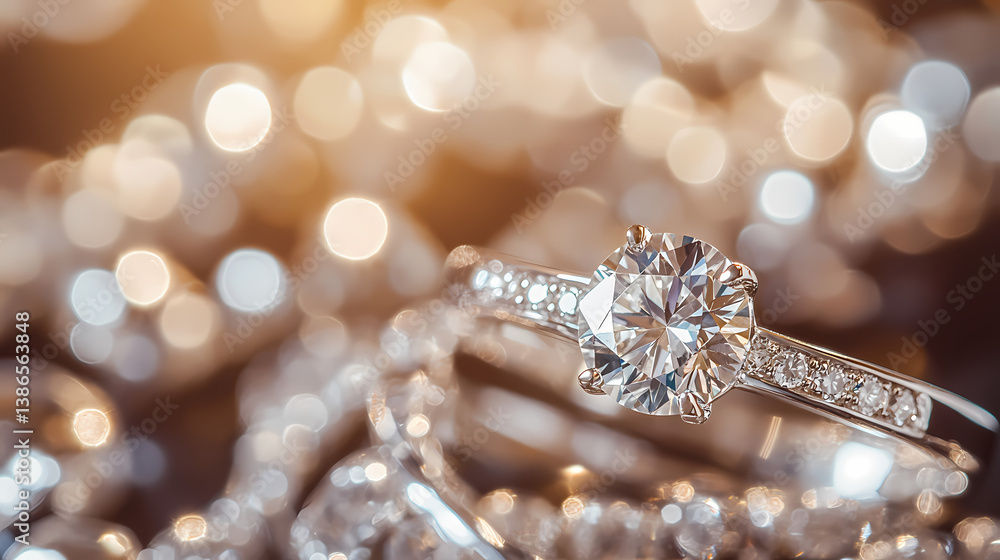 Sparkling Brilliance: Captivating detail of a luxurious diamond ring radiating brilliance, set against an abstract background of shimmering lights and jewelry.