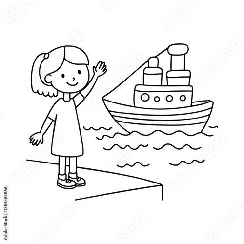 Illustration of a child waving at a ship from the edge of the quay