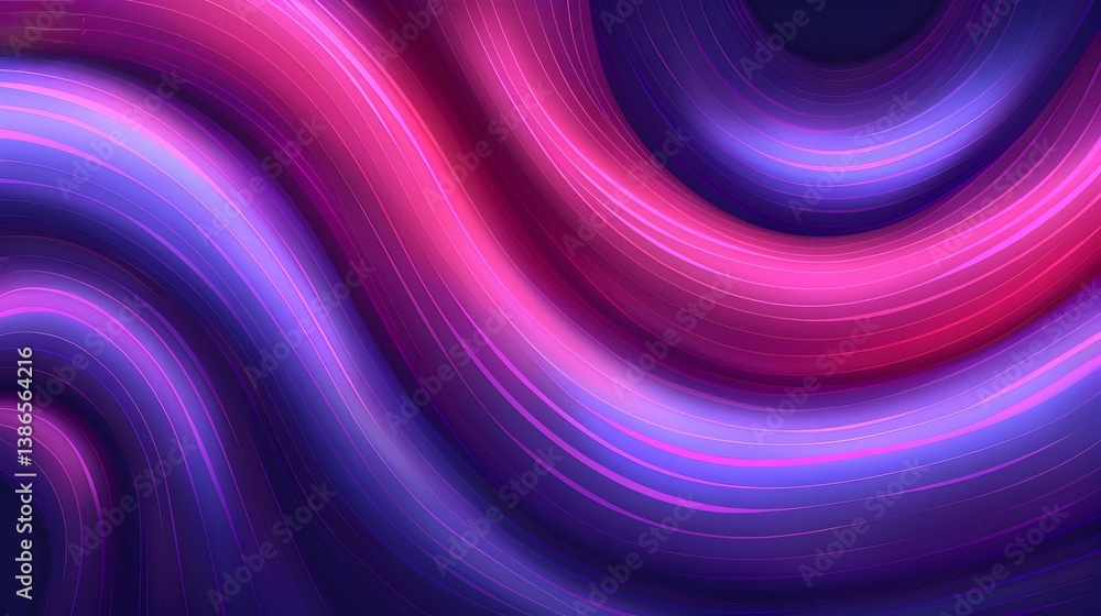 A vibrant abstract design featuring flowing waves of purple and pink hues.