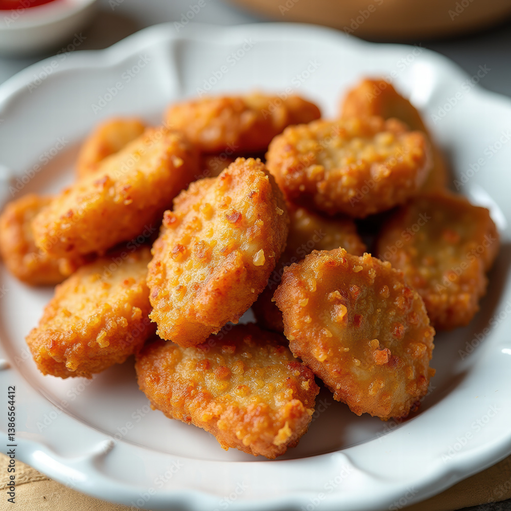 Crispy golden nuggets served on a plate, perfect for fast food menus, snack promotions, or family meal marketing. Crispy golden nuggets served on a plate, perfect for fast food menus, snack promotions, or family meal marketing.