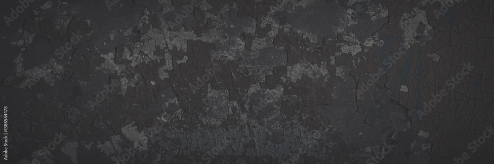 Dark wide panoramic background. Peeling paint on a concrete wall. Faded dark texture of old cracked flaking paint. Weathered rough painted surface with patterns of cracks. Shaded background for design