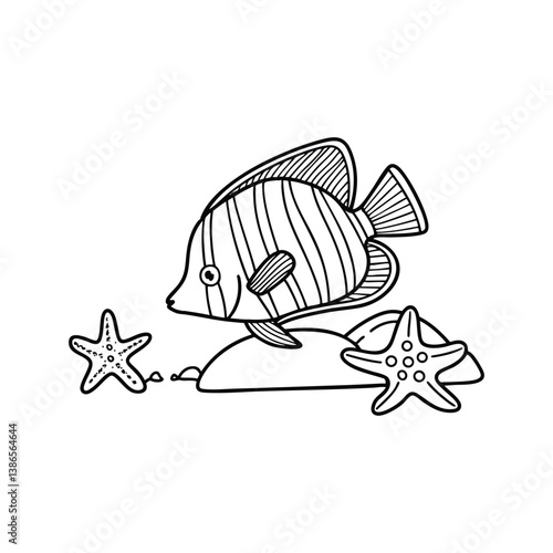 Illustration of a queen angelfish resting on a rock while starfish gather nearby