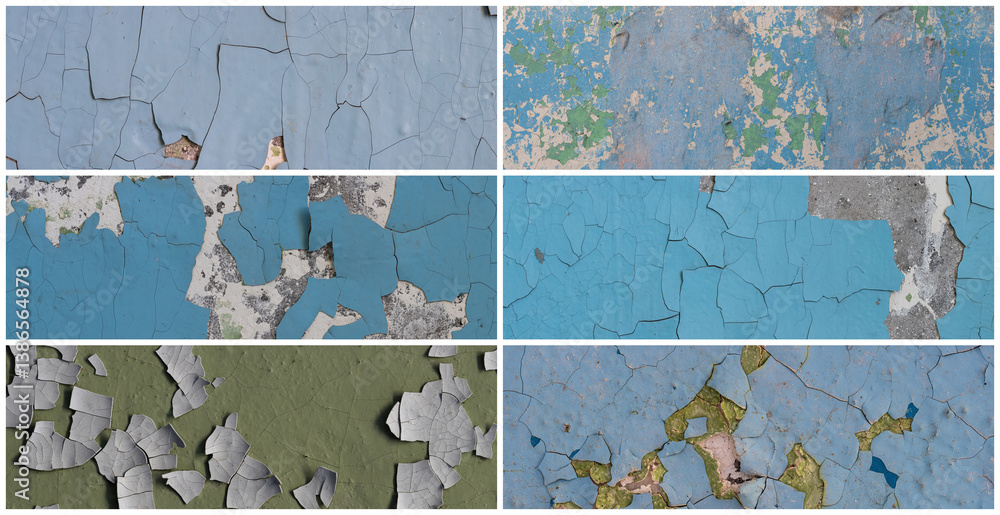 Set of peeling paint textures. Old concrete walls with cracked flaking paint. Weathered rough painted surfaces with patterns of cracks and peeling. Collection of panoramic backgrounds for design.