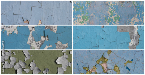 Obraz na płótnie Set of peeling paint textures. Old concrete walls with cracked flaking paint. Weathered rough painted surfaces with patterns of cracks and peeling. Collection of panoramic backgrounds for design. w salonie