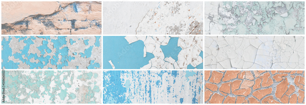 Set of panoramic background textures. Collection of wide textures with peeling paint, cracks, rust, stone and concrete walls. Faded rough surfaces of old walls. Bundle of light backgrounds for design.