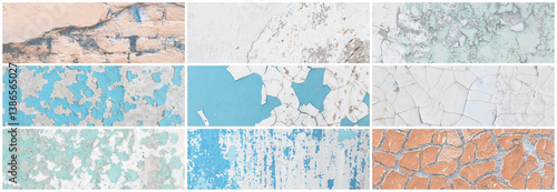 Obraz na płótnie Set of panoramic background textures. Collection of wide textures with peeling paint, cracks, rust, stone and concrete walls. Faded rough surfaces of old walls. Bundle of light backgrounds for design. w salonie
