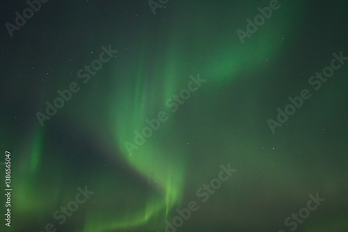 Polar Lights (Aurora borealis). Green northern lights and stars are visible in the dark night sky. Amazing nature of the Arctic. The photo is perfect for the background.
