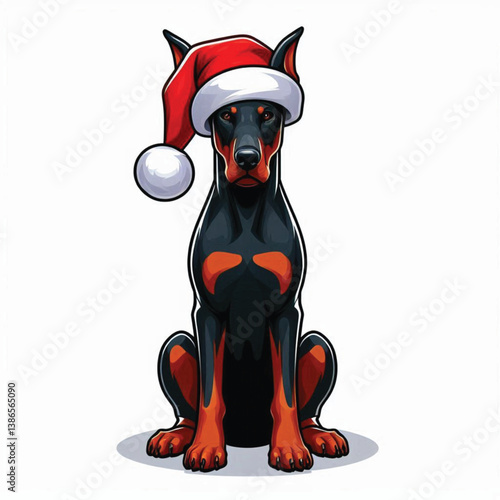Cute Christmas Santa hat Cartoon Doberman Dog Vector Illustration isolated