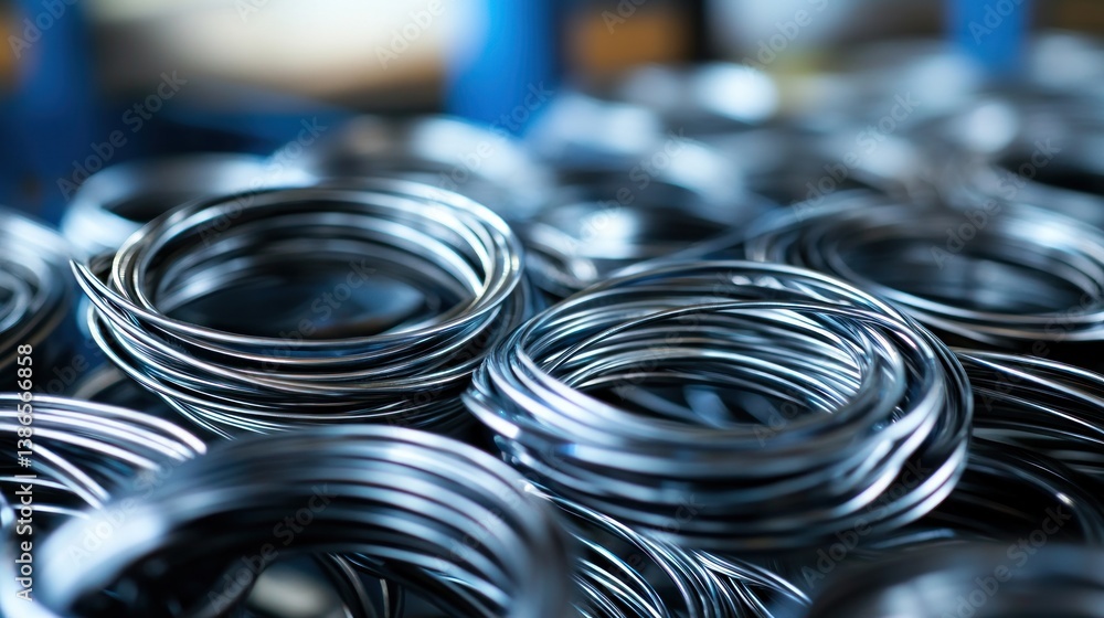 Close-up view of coiled metal wires. Organized rolls of metal wire in a warehouse or manufacturing setting Close-up view of coiled metal wires. Organized rolls of metal wire in a warehouse or manufacturing setting