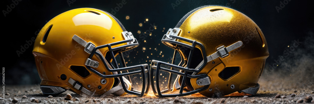 Fototapeta premium Two golden football helmets collide, surrounded by sparks, symbolizing competition and intensity in sports. Perfect for sports marketing, promotions, or team branding.