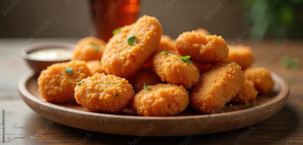 Savor the crispy perfection of these golden chicken nuggets, served with a side of savory dipping sauce, ideal for restaurants, catering, and food marketing. Savor the crispy perfection of these golden chicken nuggets, served with a side of savory dipping sauce, ideal for restaurants, catering, and food marketing.