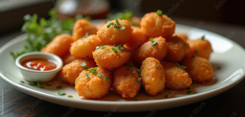 A tempting plate of golden, crispy snacks next to a sauce, perfect for appetizing food promotions, menus, and culinary content. A tempting plate of golden, crispy snacks next to a sauce, perfect for appetizing food promotions, menus, and culinary content.