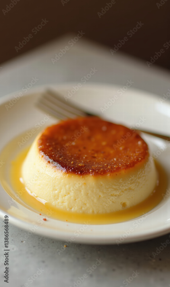 A delectable dessert showcasing a perfectly caramelized flan on a white plate, ideal for food-related projects, menus, or culinary articles. A delectable dessert showcasing a perfectly caramelized flan on a white plate, ideal for food-related projects, menus, or culinary articles.