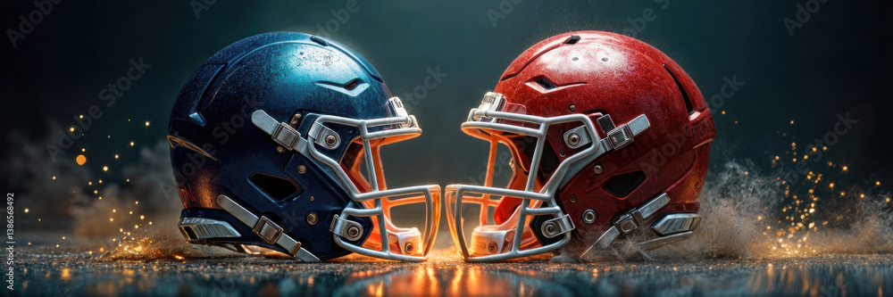 Fototapeta premium Dynamic close-up of two football helmets, one blue and one red, symbolizing competition and teamwork. Perfect for sports branding, promotions, and event marketing.