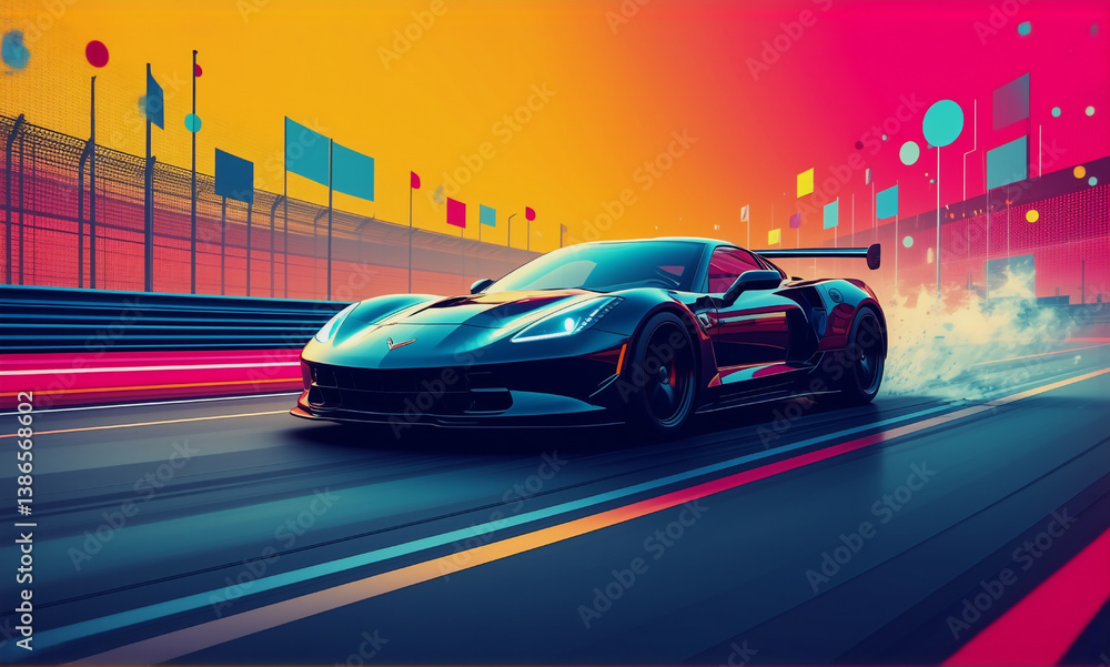 Naklejka premium A dark, aerodynamic sports car speeds along a track with motion blur. A vibrant, colorful background creates a dynamic, racing atmosphere under a bright sky.