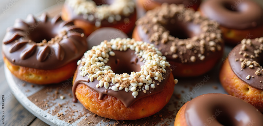 Deliciously crafted chocolate donuts with a variety of toppings, perfect for dessert menus, food blogs, and marketing materials in the bakery and confectionery industry. Deliciously crafted chocolate donuts with a variety of toppings, perfect for dessert menus, food blogs, and marketing materials in the bakery and confectionery industry.