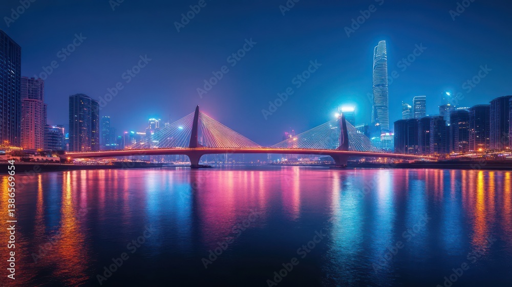 Fototapeta premium Night City Skyline Bridge Reflection