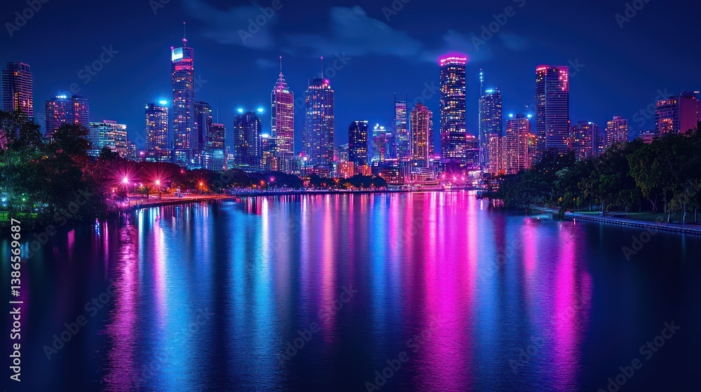Obraz premium Night City Skyline Reflection Colorful Lights
