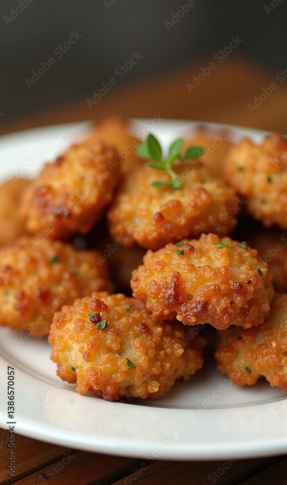 Crispy, golden brown fritters plated beautifully, perfect for showcasing delicious cuisine in food media, cookbooks, or restaurant promotions. Crispy, golden brown fritters plated beautifully, perfect for showcasing delicious cuisine in food media, cookbooks, or restaurant promotions.