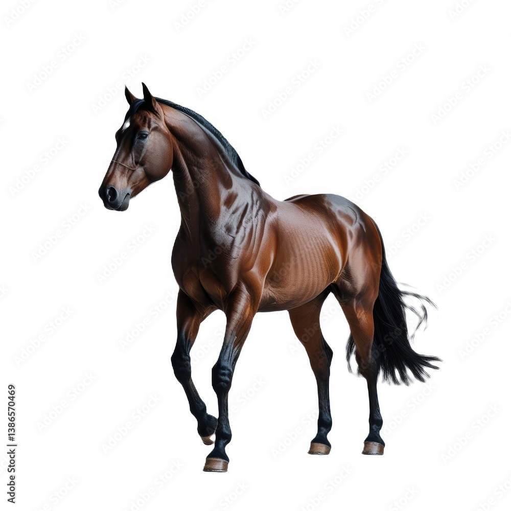 Bay stallion rearing - isolated on a white background Bay stallion rearing - isolated on a white background