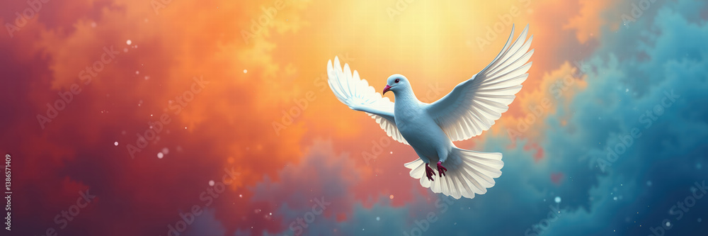 Fototapeta premium A serene dove soaring through a vibrant, colorful sky, symbolizing peace, hope, and freedom. Ideal for projects related to spirituality, nature, and harmony.