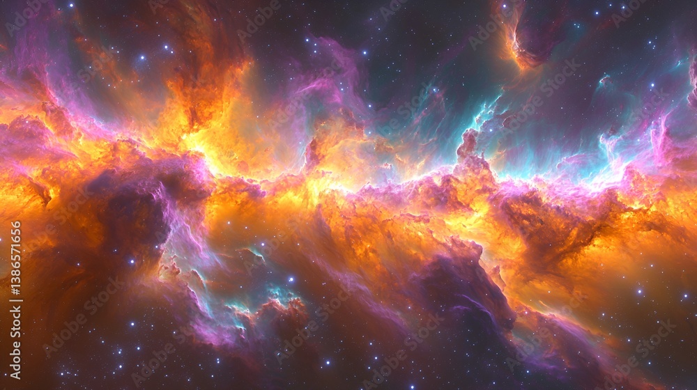 Fototapeta premium Fiery orange and teal nebula in space with stars.