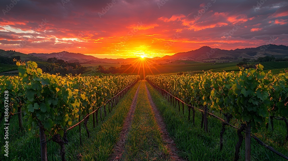 Fototapeta premium Vineyard Sunset Vibrant colors paint rolling hills