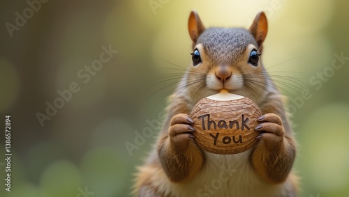 A cute squirrel holding a cookie with a 'Thank You' message, showcasing kindness in nature.