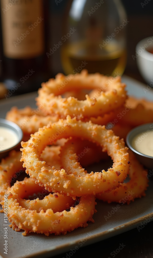 Crispy fried onion rings served with dipping sauces, perfect for a savory snack or appetizer at restaurants and food establishments. Crispy fried onion rings served with dipping sauces, perfect for a savory snack or appetizer at restaurants and food establishments.