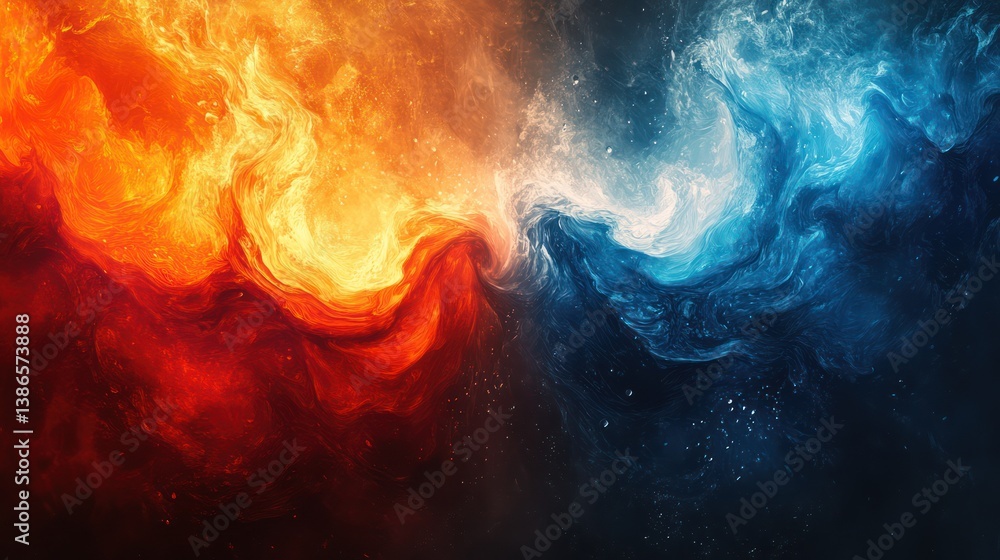 Fototapeta premium Fiery, icy swirls clashing; cosmic background; abstract art, design
