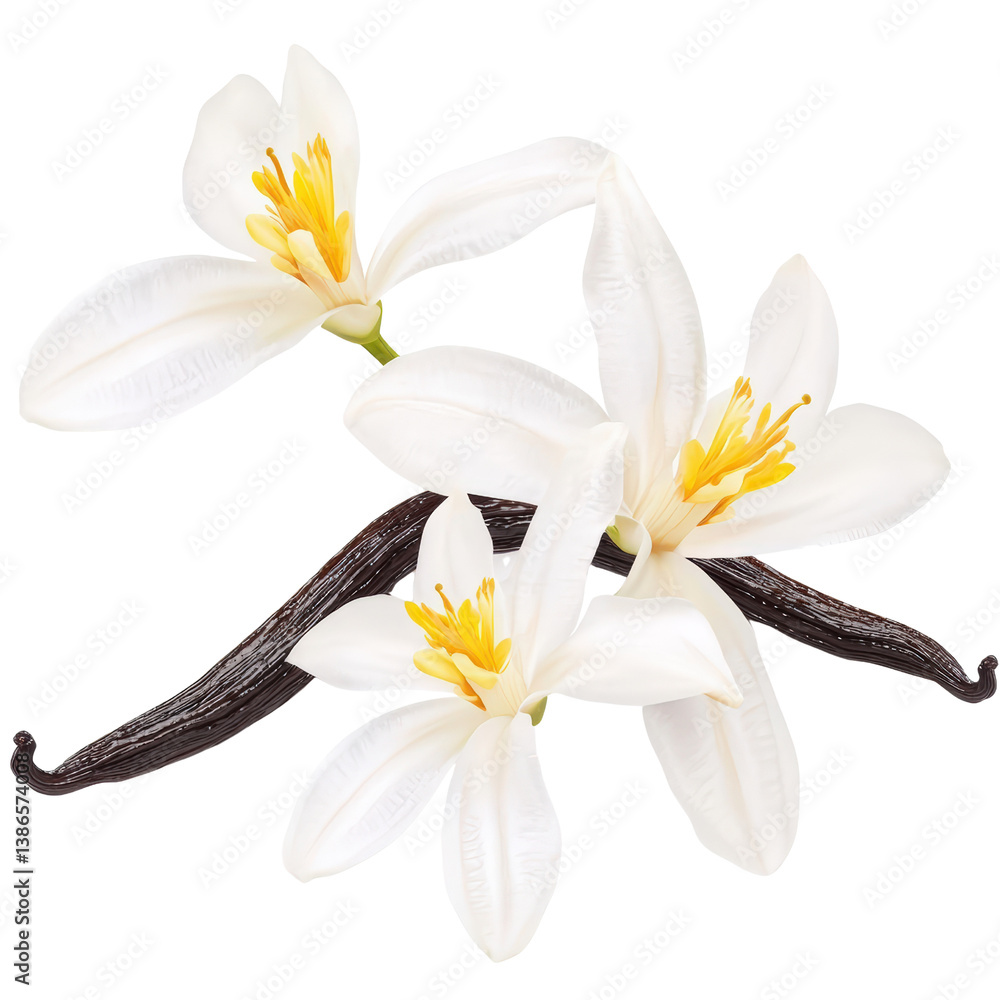 Fototapeta premium Delicate trio of white flowers blooming in a lush green garden surrounded by vibrant nature and soft light isolated on transparent background..