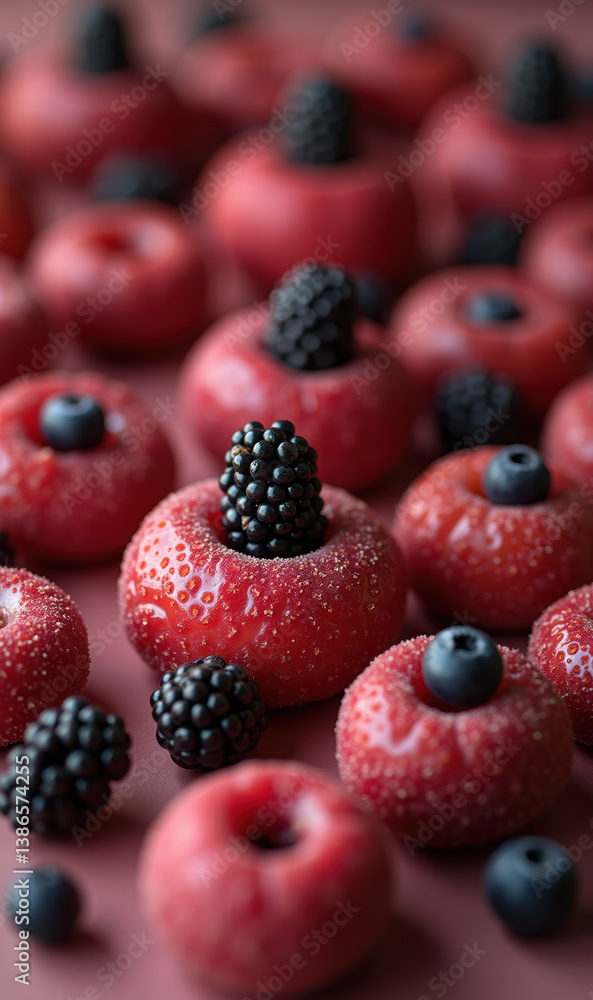 A vibrant arrangement of red fruits and blackberries glistening with dew, perfect for food-related projects, culinary designs, or promoting healthy eating. A vibrant arrangement of red fruits and blackberries glistening with dew, perfect for food-related projects, culinary designs, or promoting healthy eating.