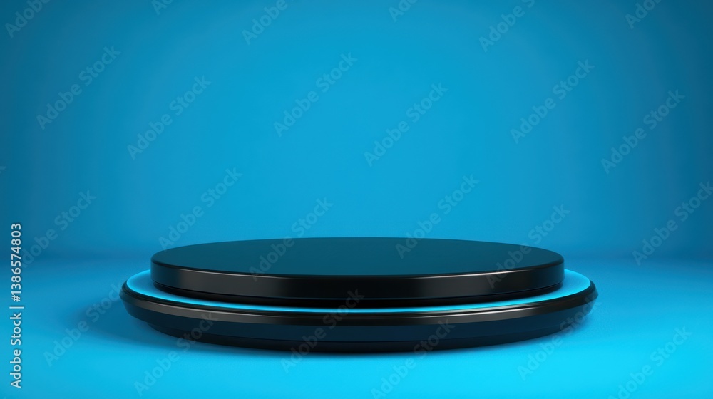 Empty black circular podium on blue background Empty black circular podium on blue background