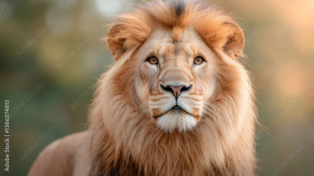Close Up Portrait of a Majestic Male Lion with Golden Mane in Natural Light Close Up Portrait of a Majestic Male Lion with Golden Mane in Natural Light
