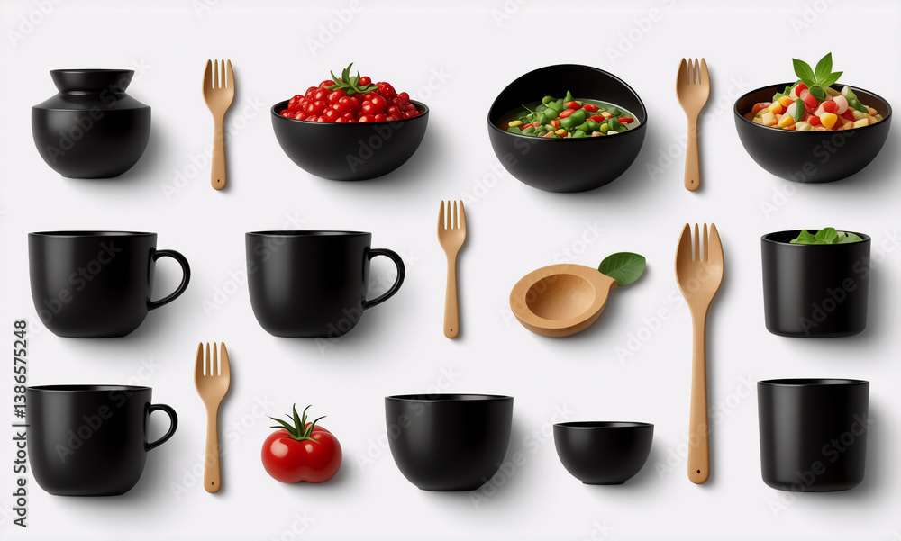 Black dishes and wooden utensils are neatly arranged on a white surface. Food bowls, empty bowls, cups, spoons, forks, and a tomato are visible. Black dishes and wooden utensils are neatly arranged on a white surface. Food bowls, empty bowls, cups, spoons, forks, and a tomato are visible.