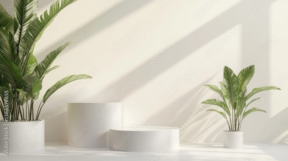 Minimalist podium display with plants, bright sunlight Minimalist podium display with plants, bright sunlight