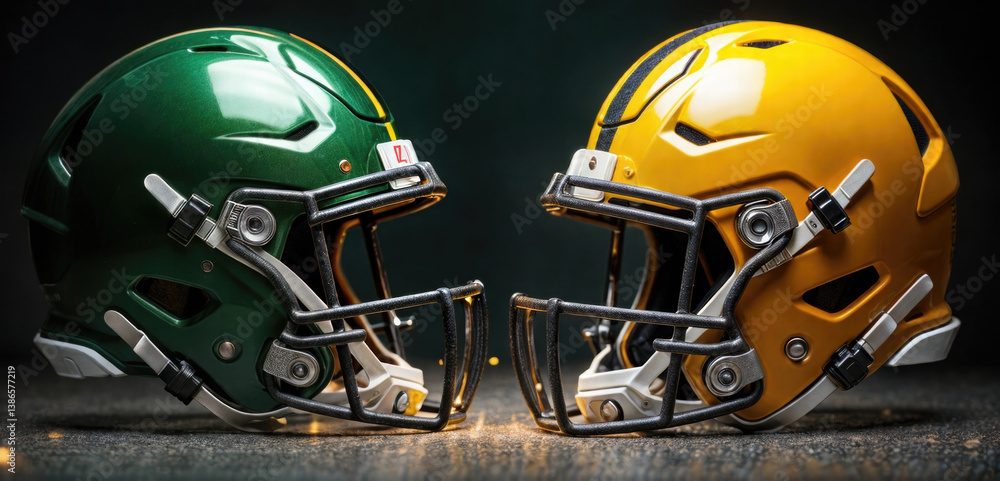 Fototapeta premium Dynamic close-up of two football helmets, one green and one yellow, showcasing competition and spirit, ideal for sports marketing, promotional materials, or branding.