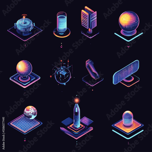 Isometric Futuristic Tech Icons in Neon Glow on Dark Background