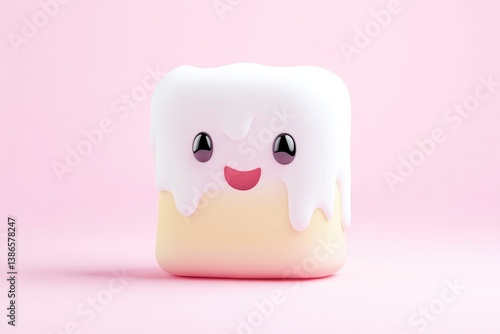 Cute, cartoonish, square-shaped dessert with a happy expression and dripping white topping