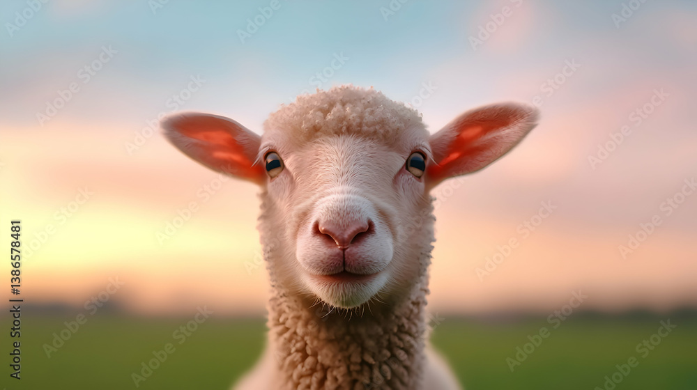 Obraz premium Closeup Portrait of a Fluffy White Sheep in a Meadow at Sunset
