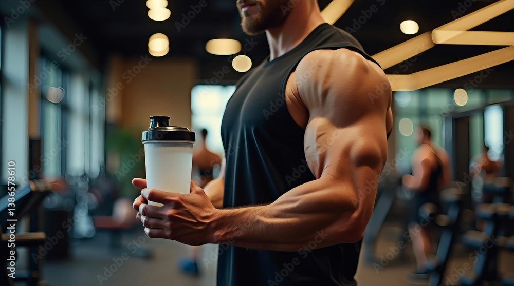 Fitness Enthusiast in Cinematic Gym Holding Supplement Bottle Fitness Enthusiast in Cinematic Gym Holding Supplement Bottle