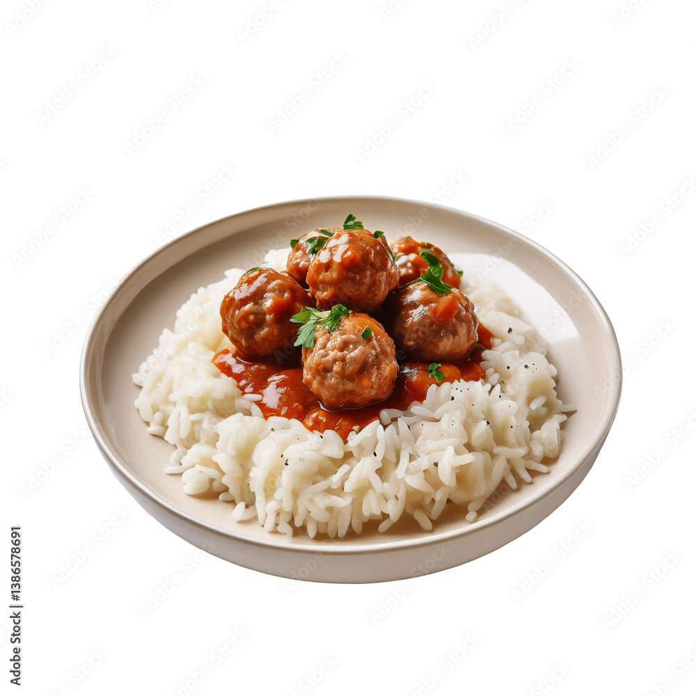 Savory Meatballs Served on a Bed of Fluffy White Rice with Rich Tomato Sauce on transparent background Savory Meatballs Served on a Bed of Fluffy White Rice with Rich Tomato Sauce on transparent background