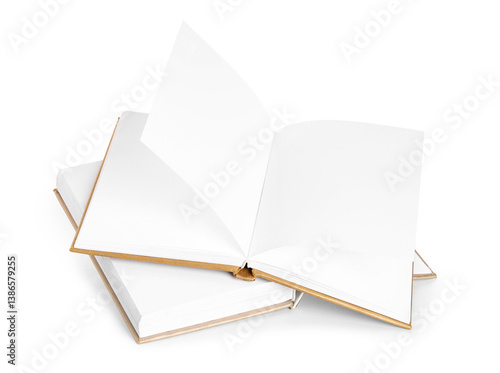 Flying open books on white ...