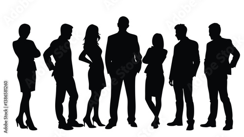 A black vector illustration depicts a silhouette group of business people standing as a team, group of people silhouettes, silhouettes of people