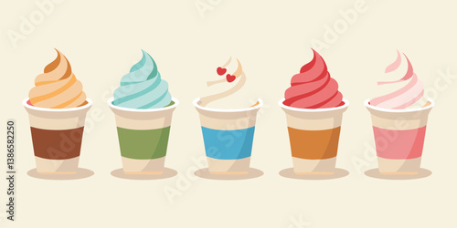 Colorful Cream in White Background Five swirled flavors including pink, beige, caramel, chocolate, and mixed Bright lighting with smooth textures and clean, and vector illustration
